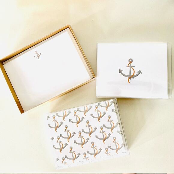 3 NEW ANTHROPOLOGIE White Grey Illustrated Anchor Nautical Card Notecards s/10 - Picture 1 of 10